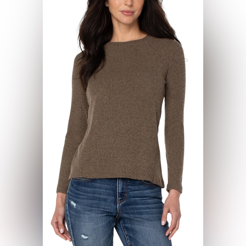 NWT Liverpool Los Angeles Designer Brown Stretchy Crew Neck Sweater Size Small